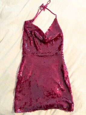 Fuschia Sequin Backless Cowl Pink Dress